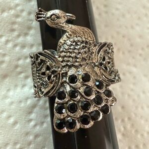 Silver Tone Peacock Ring Stretchy band With Black Rhinestones